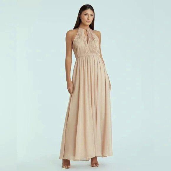Mac Duggal Beige Gold Chain Trim Keyhole Halter Neck A Line Gown